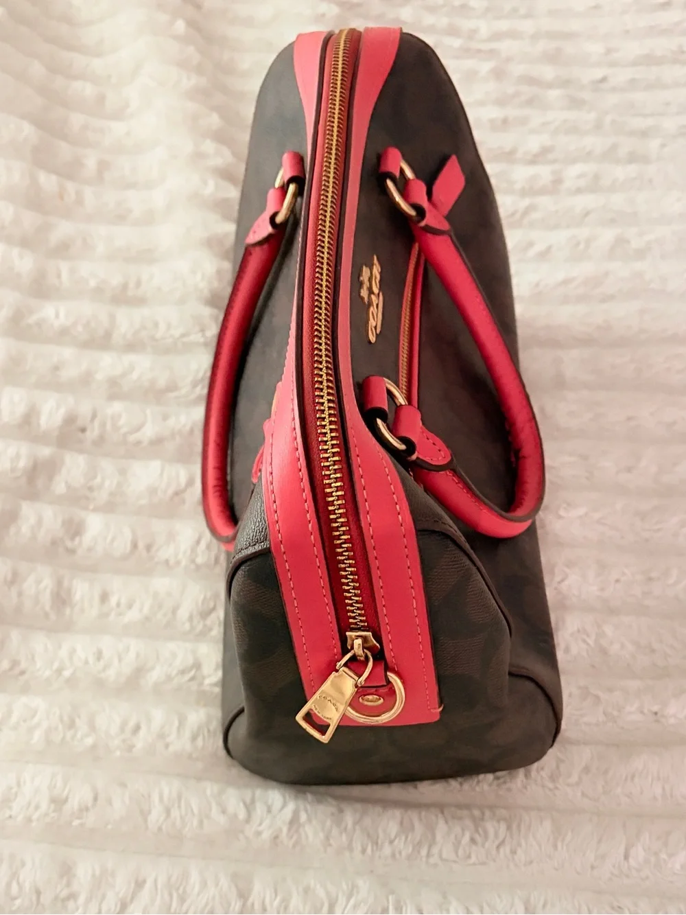 Coach Brown Signature Satchel with Hot Pink Trim